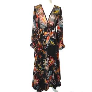 Belma New York Black Sheer Floral Print Maxi Faux Wrap Dress Size OS